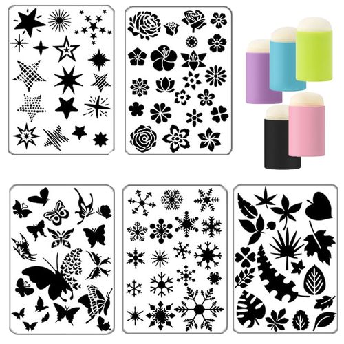 Stencils for Painting Set 5 Pcs Painting Stencils Leaves Flowers Butterflies Snowflakes Stars Stencils for Crafts 5 Pcs Finger Painting Sponge for Art DIY Craft Card Gift Tags and Scrapbooking
