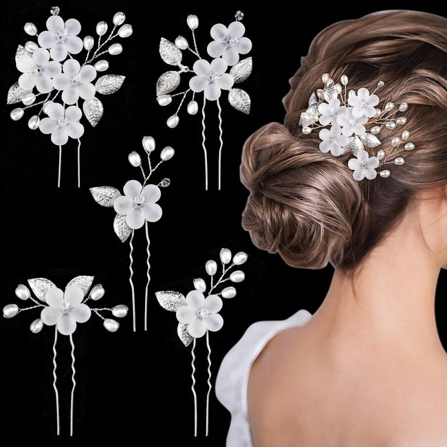 MELLIEX 5 Stück Hochzeit Haarnadeln, Blumen Perlen Braut Haarschmuck Silber Brautschmuck Haare U-förmig Hochzeit Haarspangen für Frauen Mädchen