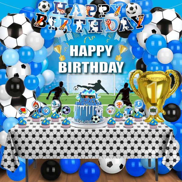 Soccer Birthday Party Decorations, 131PCS Blue Soccer Birthday Party Supplies Including Tablecloth Backdrop Banner Cake Topper Latex Balloons Foil Balloons Decorations Kit for Sport Ball Theme