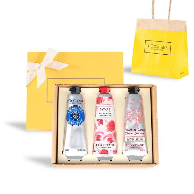 L'Occitane Hand Cream, 3 Piece Gift Set, With Shopper (Shea, Rose, Cherry Blossom), Gift, Birthday, Popular, For Women, Men, Farewell Present, Valentine's Day