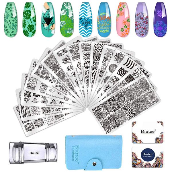 Biutee Nagel Stempel Stamping Schablone Nail Art Stamping 15 Stück Nail Art Plate mit 1 Stempel 2 Schaber