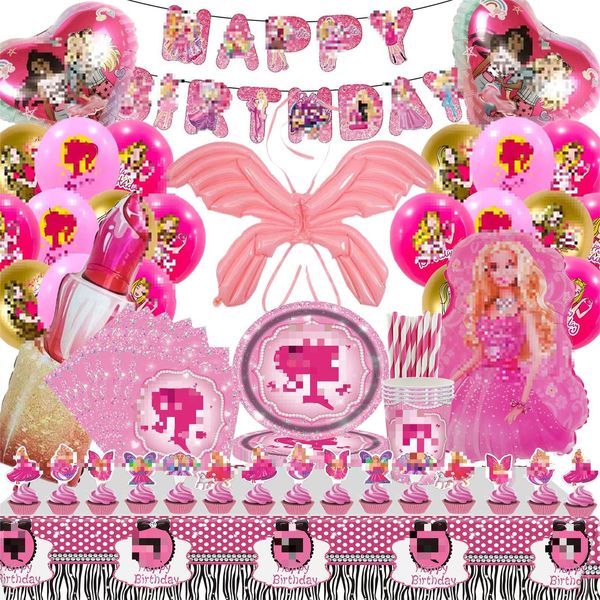 SunwE 101PCS Prinzessin Geburtstag deko, Prinzessin Partygeschirr, Bar-Bi Deko Geburtstag Mädchen, Deko Bar-Bi Prinzessin Geburtstag, Girl Party Dekoration Luftballons, Pappteller Serviette Tischdecke