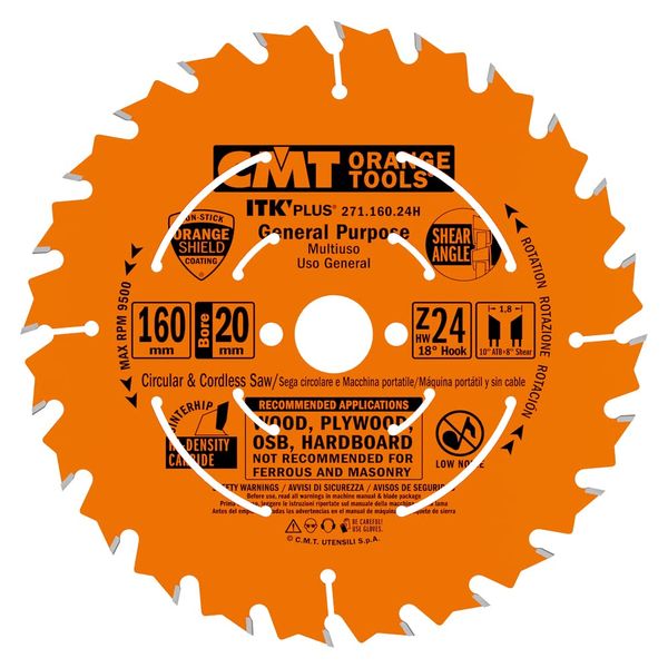 CMT 271.160.24H ITK Plus RIP and Crosscut Saw Blade HW 160X1.8/1.2X20(+16) Z=24 ATB+Shear