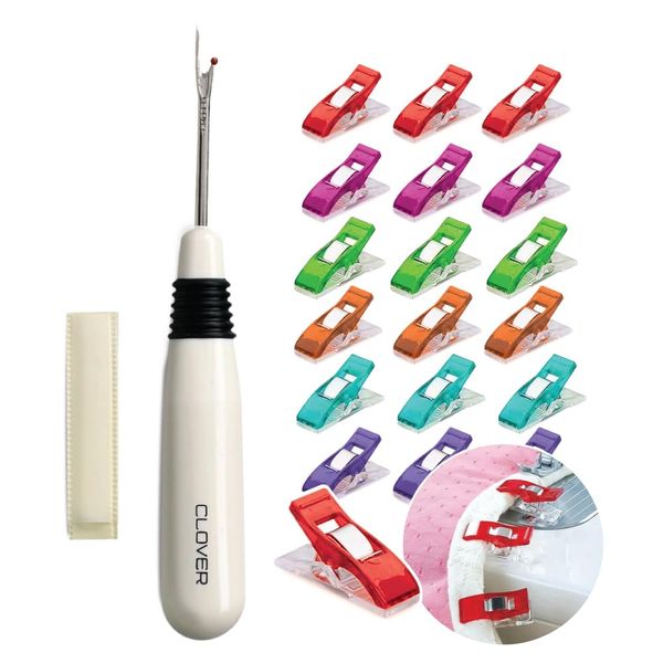 Clover Seam Ripper and Thread Remover - Tool for Sewing, Stitching, Quilting, and Embroidery Removal - Includes 20 Pixiss Heavy Duty Plastic Clothes Pins, Fabric Clips for Hanging Clothes