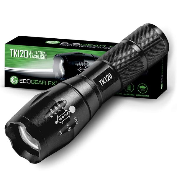 EcoGear FX LED Tactical Flashlight - TK120 Handheld Light with 5 Light Modes, Water Resistant, Zoomable - Great for Camping, Outdoor, Emergency, Everyday Flashlights and Affordable Gifts for Men (1)