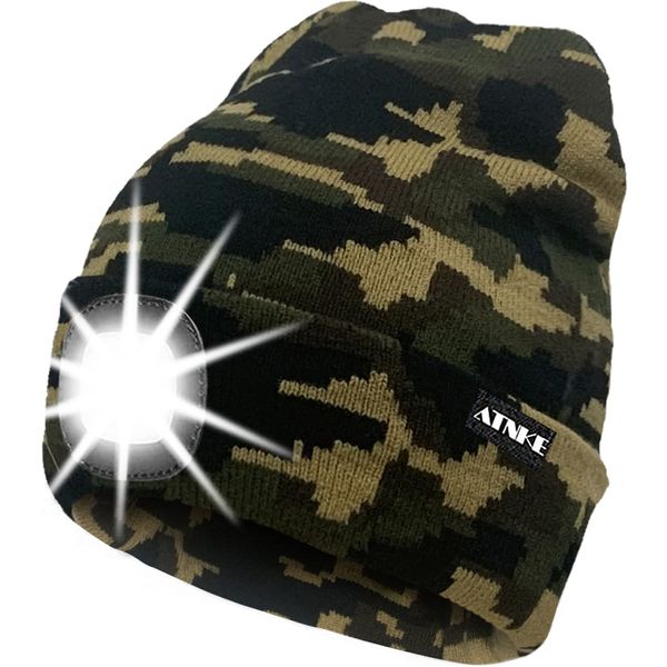 ATNKE LED Lighted Beanie Cap,USB Rechargeable Running Hat Ultra Bright 4 LED Waterproof Light Winter Warm Gifts for Men and Women/Camouflage Green