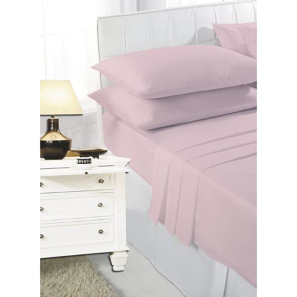 AMBERLINNEN LTD 100% Poly Cotton Bed Sheets Sets (Flat+Fitted Sheet+Pillowcase) (Pink, Double)