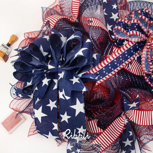 Ribbli Patriotic Ribbon Wired,2 Rolls Navy Star and Red Stripe Burlap Ribbon,2-1/2 Inch Total 60 Feets(20 Yards),Patriotic Ribbon for Crafts,Wreath,4th of July Ribbon