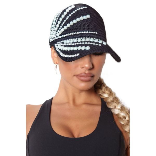 RITUMO Nieten Strass Kristalle Pferdeschwanz Hüte Bling Mesh Baseball Cap Modische Open Top Sonnenblenden Hut für Frauen, Schwarz/Weiß, Einheitsgröße