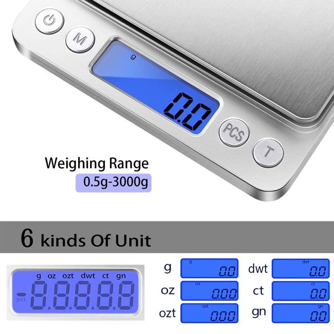 Digital Kitchen Scale, 3000g Mini Pocket Jewelry Scale, Cooking Food Scale,  Back-Lit LCD Display, 2 Trays, 6 Units, Auto Off, Tare, PCS, Stainless