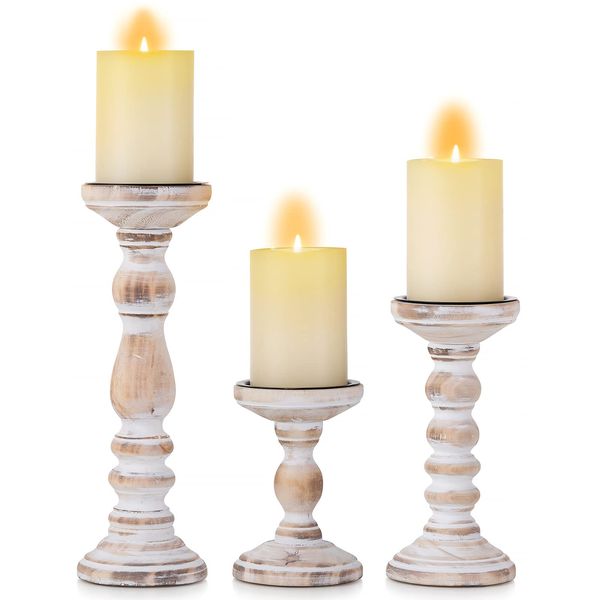 Candle Holder for Pillar Candles: Romadedi Set of 3 Decorative Wood Candlestick Holders, Rustic Wooden Candle Stand for Fireplace Mantle End Table Shelf in Farmhouse Style, Whitewashed 6”, 8.3”, 12”