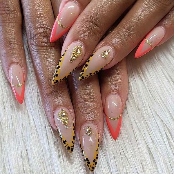 ANDGING Leopard Almond Press on Nails Short Medium French Tip Stiletto Fake Nails Glue on Nails for Women with Yellow Rhinestone Design Cute False Nails Stick on Nails for Wedding Birthday 24Pcs