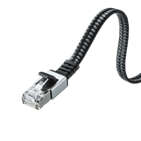 Sanwa Supply KB-FL6AME-01BK CAT6A Mesh Flat Metal Connector 10Gbps/500MHz Gigabit Ethernet Cable with Snail Resistant RJ45 Connectors (1m) Black & Gray