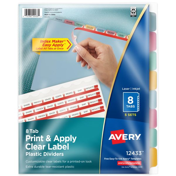 Avery 8 Tab Plastic Dividers for 3 Ring Binder, Easy Print & Apply Clear Label Strip, Index Maker Customizable Multicolor Tabs, 5 Sets (11433)