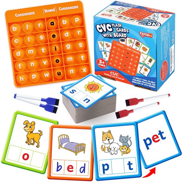 Torlam CVC Word games Phonics Games Sight Words Flash Cards, Spelling Reading Learning Flashcards, Speech Therapy Toy Preschool Kindergarten Classroom Learning Activities Must Have Homeschool Supplies