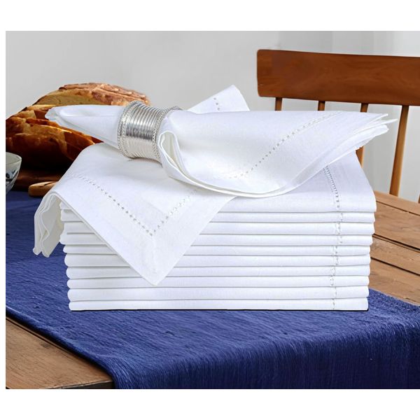 BEDDING CRAFT Set of 12 Cotton Cloth Dinner Napkin 18x18 White with Hemstitched Mitered Corners – Perfect for Wedding Dinner Parties and Table Decorations