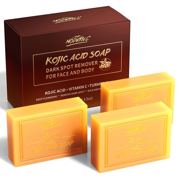 Kojic Acid Soap, Turmeric Soap Bar, Dark Spot Remover for Face and Body, Moisturizing Vitamins C Soap for Acne Blackheads Remover, Hyaluronic Acid for Deep Cleansing, with a Mesh Soap Pouch (3x100g)