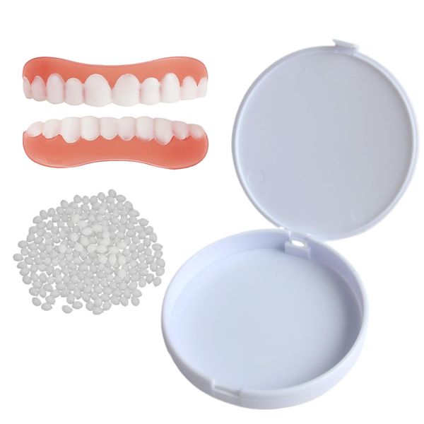 SMCEHEYA Dentures Clip in Veneers Teeth Set 1Pair Clip on Veneers Top and Bottom False Teeth Set Ultra Thin Flex Design Snap on Dentures Bright White Shade Teeth Veneers for Men and Women