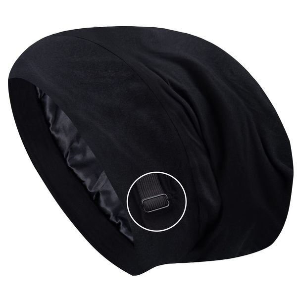 ingeware Silky Bonnet for Sleeping, Extra Large Satin Silky Hair Wrap for Sleeping Satin Lined Hair Bonnet Sleep Cap Skull Caps for Curly Hair Protection for Women Men (Black)