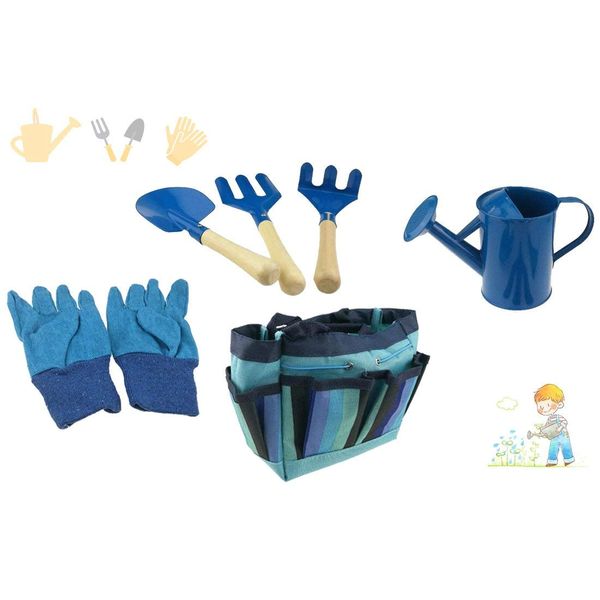 Children's Garden Tool Set with Tote Hand Rake Shovel Fork Watering Can Gloves Kids Garden Toys (Blue)