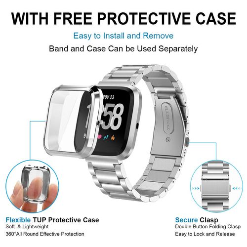 Maxjoy Compatible with Fitbit Versa Bands, Versa 2 Metal Band Large Stainless Steel Bracelet Wristband with Protective Cover Case for Men Women, Compatible with Fitbit Versa 2 1 Smart Watch, Silver