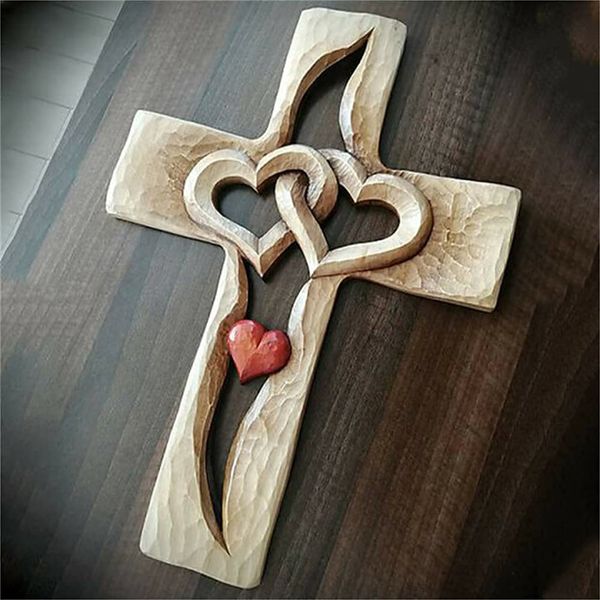 YFEIQI Carved Wooden Cross - Intertwined Hearts, Wooden Love Cross, Wall Hanging Hand Carved Wood Cross for Home Living Room Decor