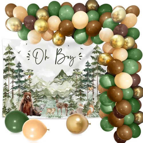 Adventure Awaits Oh Boy Backdrop for Boy Let The Adventure Begin Baby Shower Decorations Green Balloons Forest Mountains Woodland Animals Birthday Party Decor