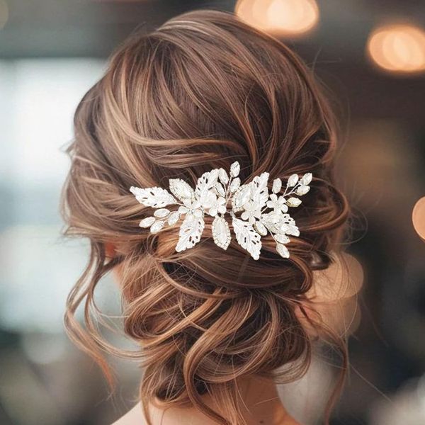 Banatra Rhinestone Bride Wedding Hair Combs Silver Flower Headpiece Bridal Crystal Leaf Hair Accessories for Women and Girls