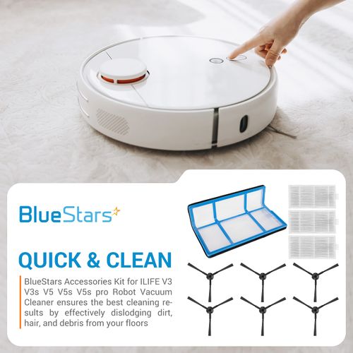 BlueStars Ultra-Durable Replacement Accessories Parts Kit For ILIFE V3 V3s V5 V5s V5s pro Robot Vacuum Cleaner | 1 Primary Filter 3 HEPA Filter 6 Side Brushes