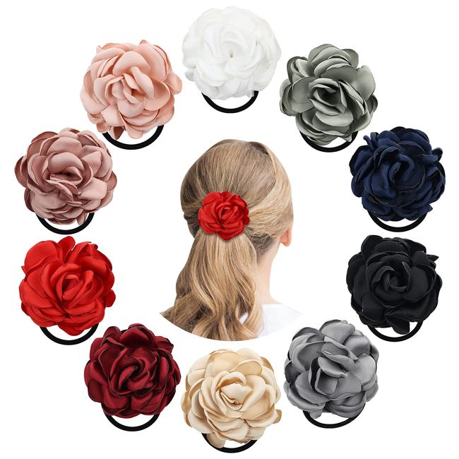 Cinaci 10 Stück solide 10,2 cm handgefertigte Rosenblüten dehnbare Gummi-Haargummis Seile Haarbänder Stirnbänder Ringe Scrunchies Pferdeschwanz Halter Haarschmuck für Frauen Mädchen