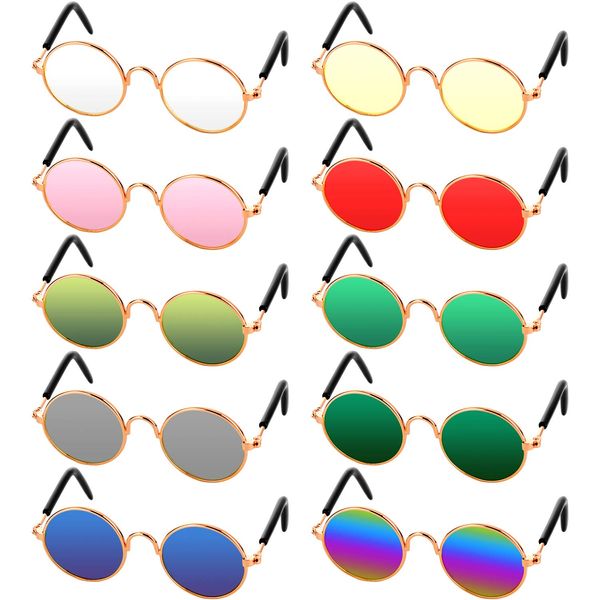 10 Pieces Cat Dog Sunglasses Funny Pet Glasses Round Metal Cat Classic Retro Sunglasses Pet Hippie Cute Dog Cat Cosplay Party Costume Photo Props Cosplay Glasses (Mixed Color)