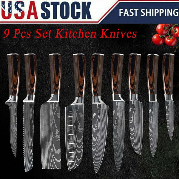 9pcs Kitchen Knives Set Stainless Steel Professional Damascus Pattern Chef Knife