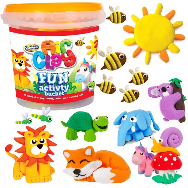 Air Clay Fun Activity Bucket - 15 Vibrant Colors and 5 Modeling Tools - Air Dry Clay for Kids - Soft Molding Clay for Kids - DIY Sculpting Art Craft Supplies Kits Gift - Magic Clay for Kids Ages 6+