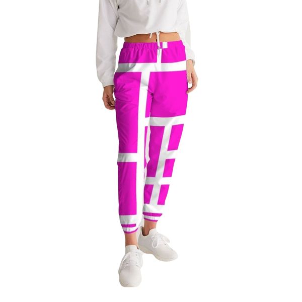 Womens Track Pants - Pink & White Block Grid Graphic Sports Pants - S