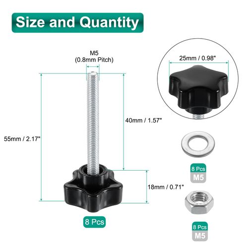 uxcell 8pcs Star Clamping Knobs with Nuts Washers, M5 x 40mm Metric Zinc Plated Carbon Steel Male Thread 25mm 5-Star Plastic Head, Threaded Stud Hand Knobs Handles Thumb Screws, Black