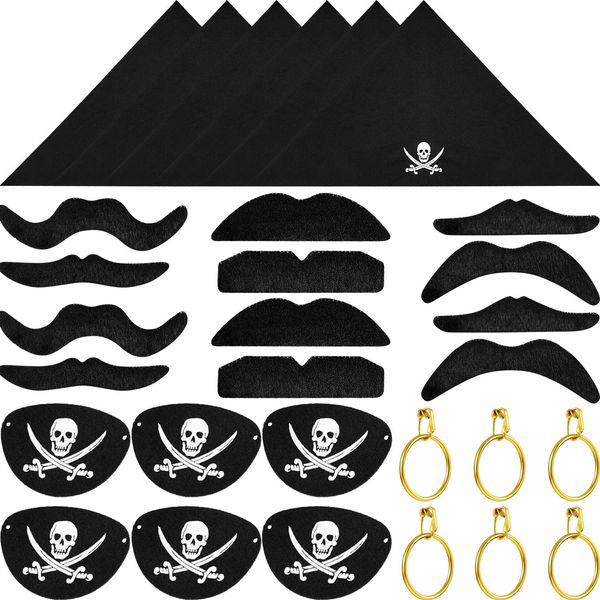 Tatuo 30 Pieces Pirate Captain Eye Patches Pirate Bandana Fake Mustache Pirate Gold Earrings for Halloween Kid Adult Pirate Masquerade Cosplay Party Costume Prop