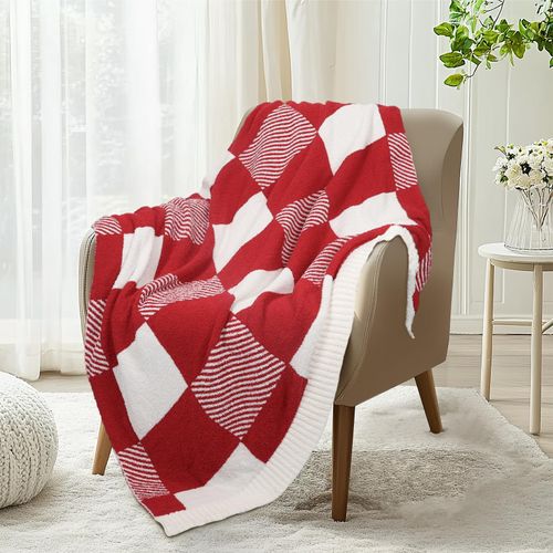 MACEVIA Red Checkered Throw Blanket, Super Soft Cozy Fuzzy Knit Blanket, 50" x 60", for Couch, Sofa, Chair, Bed, Camping, Travel