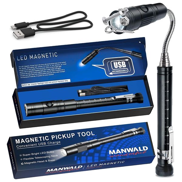 MANWALD Rechargeable Magnetic Pickup Tool, Gifts for Men, Telescoping Magnetic Flashlights with Extendable Magnet Stick, Cool Gadgets Gifts for Men, Dad, Husband