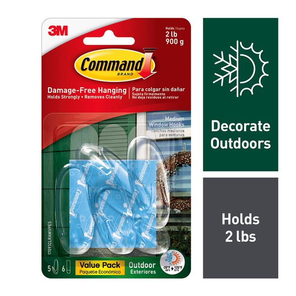 Command Outdoor Medium Window Hooks, Clear, Water-Resistant Adhesive, 5 Hooks, 6 Strips (17091CLRAWVPES)