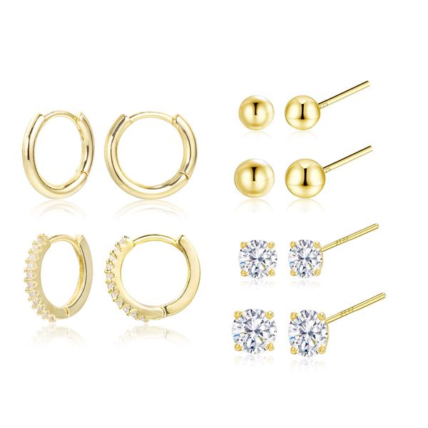 Earring Sets for Multiple Piercing | 14K Gold Plated Studs Earrings and Hoops Set Hypoallergenic Small Hoop CZ Ball Studs Earrings for Women Girls（6 Pairs）