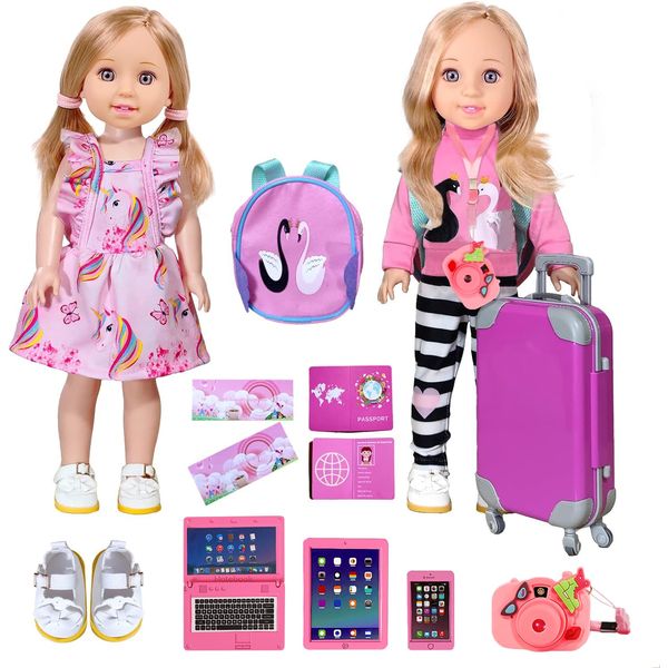 ARTST 14-Inch-Girl-Doll-Travel-Suitcase-Play-Set Doll- Clothes- Accessories Including Luggage Cute Backpack 2 Sets of Doll-Clothes- Shoes Camera Computer Phone Tablet Passport (14 inch)