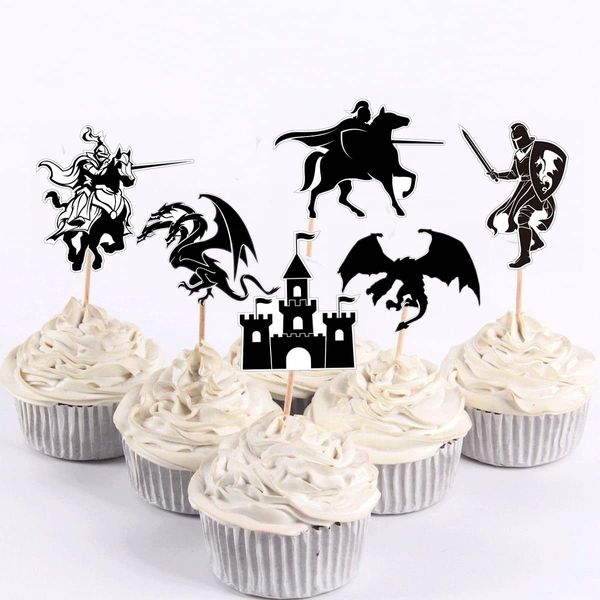 24Pcs Dragon Knight Birthday Cupcake Toppers Castle Cupcake Picks Flying Dragon Theme Birthday Party Decorations for Medieval Theme Fairy Tale Fantasy Birthday Baby Shower 1st Birthday Party Supplies