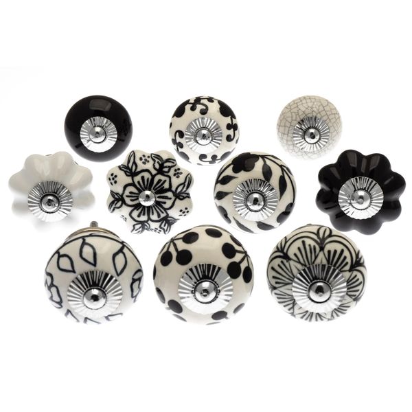 Mango Tree - Mixed Set of Black, White and Ivory Ceramic Cupboard Knobs x Pack 10 (MG-90)