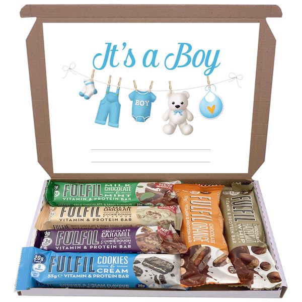 Fulfil Protein Bars & Vitamins Chocolate 6x60g Gift Box Hamper Snack Low Sugar Carbs Fulfill Bar (Its A Boy)