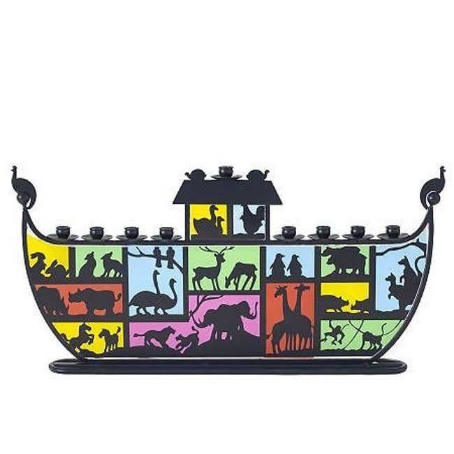Copa Judaica Noah's Ark Glass Chanukah Menorah – Two by Two Animals Design - for Standard Hanukah Candles – 6.5" Tall x 15" Wide