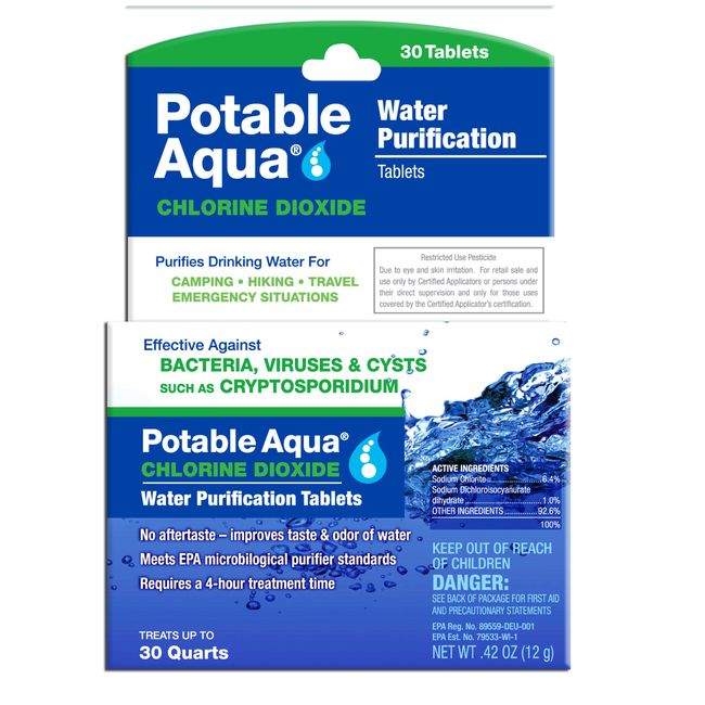 Potable Aqua Chlorine Dioxide Water Purification Tablets - 30 Count