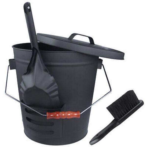 Fireplace Metal Ash Bucket with Lid Shovel Broom Pit or Stoves Tool 5.15 Gallon