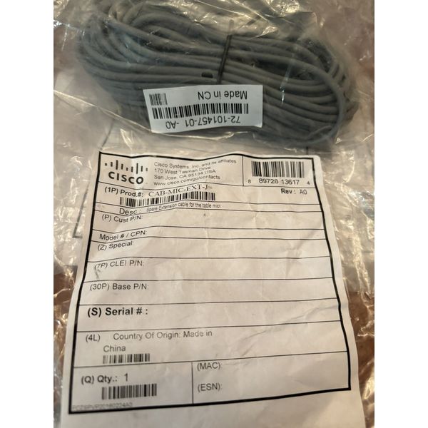 NEW Cisco 72-101457-01 Microphone Extension Cable 30' CAB-MIC-EXT-J (G140)