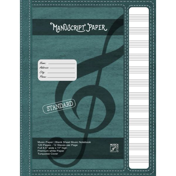 Manuscript Paper | Blank sheet Music Notebook | 120 Pages 12 Staves per Page | Full 8,5'' wide x 11'' high | Elegant vintage looking cover & paper: Turquoise Soft Cover