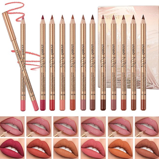 DENESTUP 12 pcs Lipstick Pencil Matte Lip Liner Set, Plump Nude Lip Shape No Smudge Longwear Non-sticky High Pigmented Natural Lip Gloss Primer Makeup